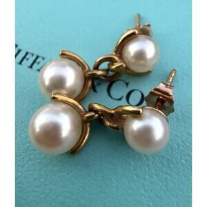 RARE Tiffany & Co. 18k Yellow Gold Double Drop Pearl Dangle Earrings